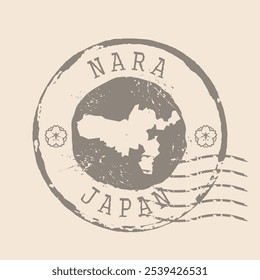 Briefmarkenpost von Nara ist die Stadt von Japan. Landkarte Silhouette Gummidichtung.  Design Retro Travel. Seal Map Nara of Japan grunge für Ihr Design.  EPS10