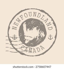 Stamp Postal of  Newfoundland  Island. Map Silhouette rubber Seal.  Design Retro Travel. Seal  Map of Newfoundland  Island grunge  for your design. Canada. EPS10