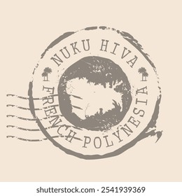 Briefmarkenpost von Nuku Hiva Island. Landkarte Silhouette Gummidichtung.  Design Retro Travel. Seal Map Insel Nuku Hiva grunge für Ihr Design. Französisch-Polynesien.  EPS10