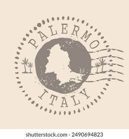 Sello Postal de Palermo. Mapa Sello de caucho de silueta.  Diseño Retro Travel. Sello Mapa de Palermo grunge para su diseño. Sicilia. Italia. EPS10