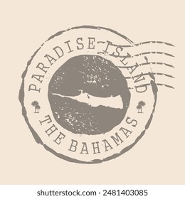 Sello Postal de Paradise Island. Mapa Sello de caucho de silueta.  Diseño Retro Travel. Sello de mapa Paradise Island grunge para su diseño. Las Bahamas. EPS10 