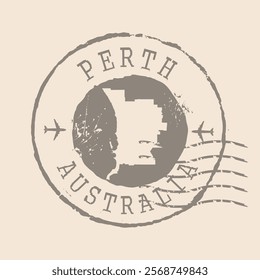 Stamp Postal of  Perth is city of Australia. Map Silhouette rubber Seal.  Design Retro Travel. Seal of Map Perth grunge  for your design.  EPS10