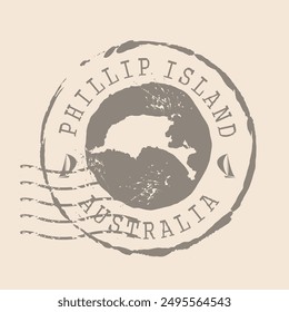 Stamp Postal of  Phillip Island of Australia. Map Silhouette rubber Seal.  Design Retro Travel. Seal of Map Phillip Island grunge  for your design.  EPS10