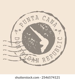 Sello Postal de Punta Cana es la ciudad de República Dominicana. Mapa Sello de goma de silueta.  Diseño de Viajes Retro. Mapa de sellos de Punta Cana grunge para su diseño. EPS10