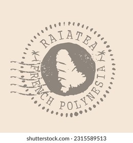 Sello postal de Raiatea. Sello de goma de silueta de mapa.  Design Retro Travel. Isla de Mapa de focas Raiatea grunge para su diseño. Polinesia Francesa.  EPS10