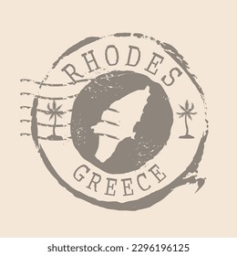 Stamp Postal of Rhodes. Map Silhouette rubber Seal.  Design Retro Travel. Seal  Map of Rhodes grunge  for your design. Greece. EPS10