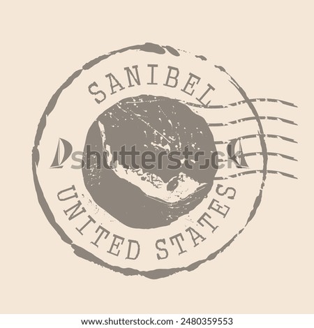 Stamp Postal of Sanibel Island. Map Silhouette rubber Seal.  Design Retro Travel. Seal  Map of Sanibel grunge  for your design. United States.  EPS10