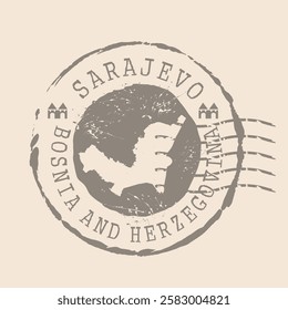 Stamp Postal  Sarajevo is capital of Bosnia and Herzegovina. Map Silhouette rubber Seal.  Design Retro Travel. Seal of Map Sarajevo grunge  for your web site design, logo, app, UI. EPS10