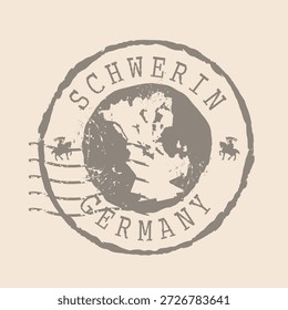 Sello Postal de Schwerin. Mapa Sello de goma de silueta.  Diseño de Viajes Retro. Mapa del sello de Schwerin es la ciudad de Alemania grunge para su diseño.  EPS10