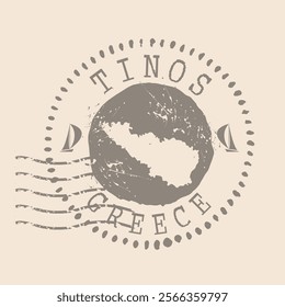 Stamp Postal of Tinos island. Map Silhouette rubber Seal.  Design Retro Travel. Seal  Map of Tinos island grunge  for your design. Greece. EPS10