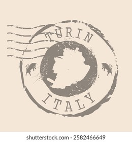 Stamp Postal of Turin is city of Italy. Map Silhouette rubber Seal.  Design Retro Travel. Seal  Map of Turin grunge  for your design. Italy. EPS10