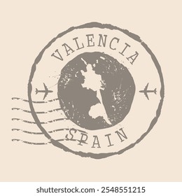 Carimbo Postal de Valência é a cidade da Espanha. Mapa Silhueta borracha selo.  Design - Viagens Retro. Selo do Mapa Valencia grunge para o seu design de site, logotipo, aplicativo, UI. Espanha. EPS10