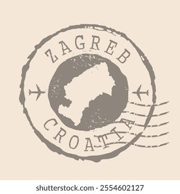 Stamp Postal of  Zagreb is capital of Croatia. Map Silhouette rubber Seal.  Design Retro Travel. Seal of Map Zagreb grunge  for your design. Croatia. EPS10