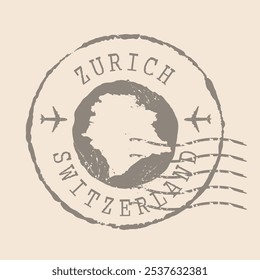 Die Briefmarkenpost Zürich ist die Stadt der Schweiz. Landkarte Silhouette Gummidichtung.  Design Retro Travel. Seal Map of Zurich grunge für Ihr Design. EPS10