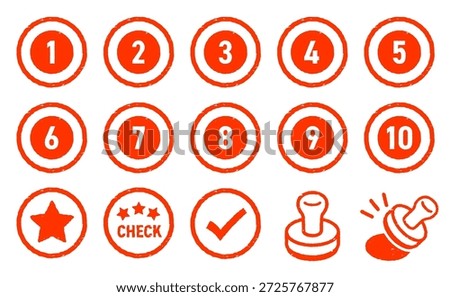 Stamp Rally Illustration Icon Set. Red stamp face with ink smudge texture. Circular stamps featuring checkmarks, stars, and numbers.