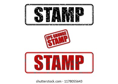 Stamp red and black text grunge rubber ink postage frame isolated on white background. Grungy vector stencil sticker illustration. Retro shabby poster.  Vintage rectangular tag template. 