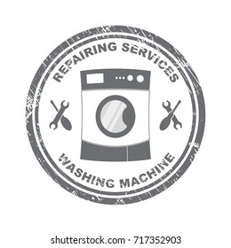 Stamp repairing washing  machine services in gray.  Stock vector. Flat design.