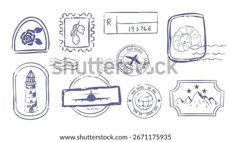 Stamp retro postage seal, postmark with plane, lemon, mountain doodle vintage decoration for scrapbook. Air mail tourism travel postcard.