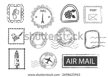 Stamp retro postage seal, postmark with decor, doodle vintage decoration for scrapbook. Air mail tourism travel postcard.