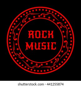Stamp Rock Music. Red sign on black background. Vector illustration.