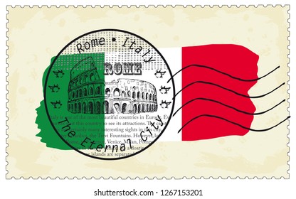Stamp Rome Italy with the Colosseum on national flag