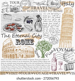 Stamp Rome Italy With Colosseum And Pisa Tower. Vector Illustration. Vintage Design With Hand Drawn Sketch. Line Art Style.