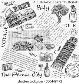 Stamp Rome Italy with Colosseum and Pisa Tower. Vector illustration. Vintage design with hand drawn sketch. Line art style.