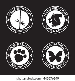 Stamp. Round eco friendly stamps for use in design. Nature, animal products, wildlife theme. White stamp icon set isolated on black cover. 