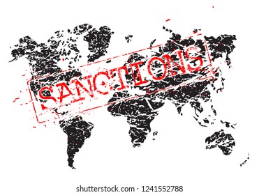 Stamp sanctions on the map in the form of a grunge, sloppy shape as a concept of international trade war.