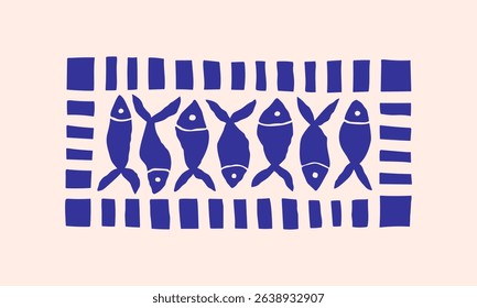 Stamp with sardines, hand drawn Amalfi coast summer doodle print. Beach, marine and Mediterranean vibes. Retro postcard clipart in coastal naive minimal design. Perfect for travel, fashion, and decor.
