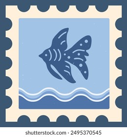 Stamp with sea animals in a minimalist style. Fish on a light blue background. Vintage style