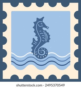 Stamp with sea animals in a minimalist style. Seahorse on a light blue background. Vintage style