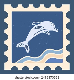 Stamp with sea animals in a minimalist style. Dolphin and waves on a blue background. Vintage style