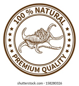 Stamp with the sea shell and the text 100% natural, premium quality