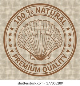 Stamp with the sea shell and the text 100% natural, premium quality