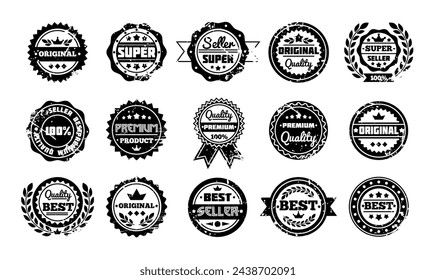 Stamp seal. Badge guarantee, quality emblem, label retro price old, vintage premium grunge sale, symbol certificate sticker silhouettes, packaging design, icon business warranty vector tidy banner set