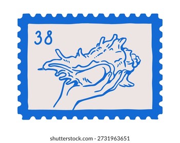 Carimbo com concha na mão. Concha de mar de praia costeira, desenho de esboço de doodle postmark em estilo dolce vita. Lembrança de viagem de verão, marca postal. Ilustração de vetor plano isolada no plano de fundo branco