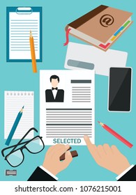Stamp Selected - with a print on the form with a photo - men's hands - glasses, address book  - flat style   art vector