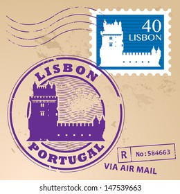 Stamp set with Belem Tower and the words Lisbon, Portugal inside, vector illustration