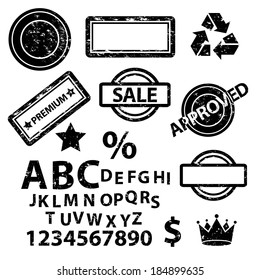 Stamp set collection. ABC and digit, crown, star, eco sign in black color isolated on white background. Fully editable and customizable. 