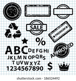 Stamp set collection. ABC and digit, crown, star, signs in black color isolated on white squared notebook paper background. Fully editable and customizable.  Vector illustration. 