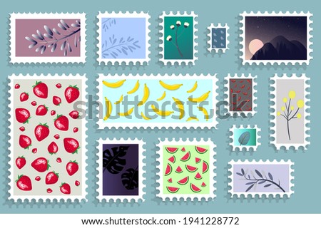 Stamp set. Collection of carved postage stamps. Paper envelope stickers of various shapes and textures. Vector illustration.
