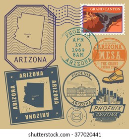Stamp set with the name and map of Arizona, United States, vector illustration