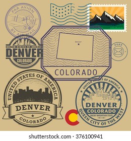 Stamp set with the name and map of Colorado, United States, vector illustration