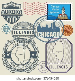 Stamp set with the name and map of Illinois, United States, vector illustration