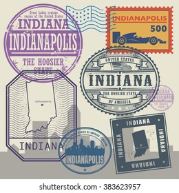 Stamp set with the name and map of Indiana, United States, vector illustration