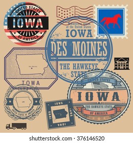 Stamp set with the name and map of Iowa, United States, vector illustration