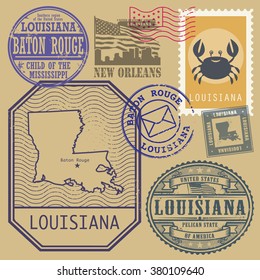 Stamp set with the name and map of Louisiana, United States, vector illustration