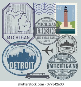 Stamp set with the name and map of Michigan, United States, vector illustration