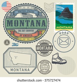 Stamp set with the name and map of Montana, United States, vector illustration